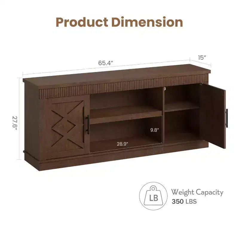 Rustic TV Stand, a simple grooved entertainment center with two doors and open shelves, suitable as a side table for living rooms and bedrooms.