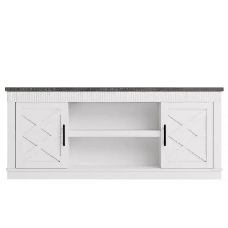 Rustic TV Stand, a simple grooved entertainment center with two doors and open shelves, suitable as a side table for living rooms and bedrooms.