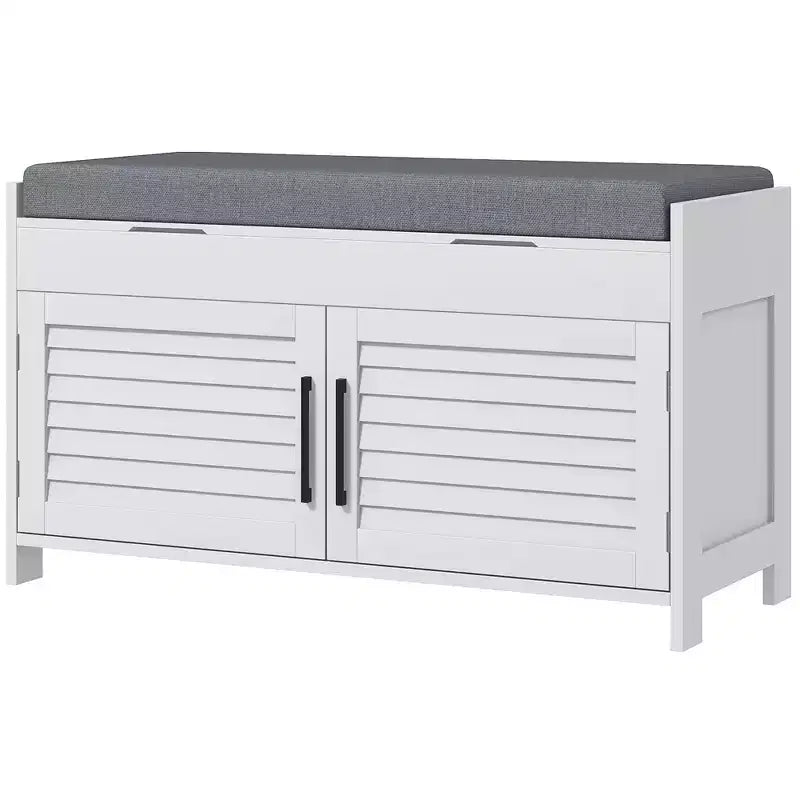 Shoe Storage Bench, Modern Entryway Bench with Cushion, Hidden Compartments, Adjustable Shelves, Shutter Doors
