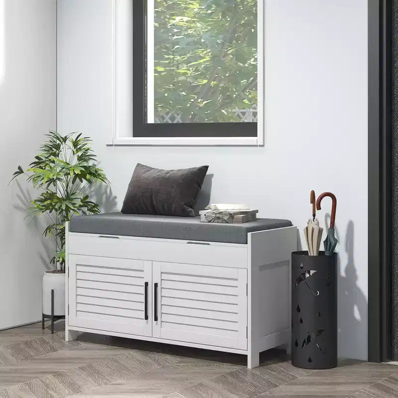 Shoe Storage Bench, Modern Entryway Bench with Cushion, Hidden Compartments, Adjustable Shelves, Shutter Doors