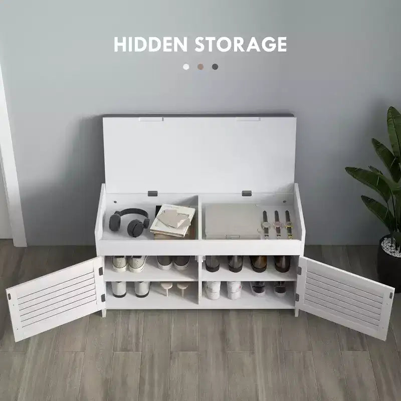 Shoe Storage Bench, Modern Entryway Bench with Cushion, Hidden Compartments, Adjustable Shelves, Shutter Doors