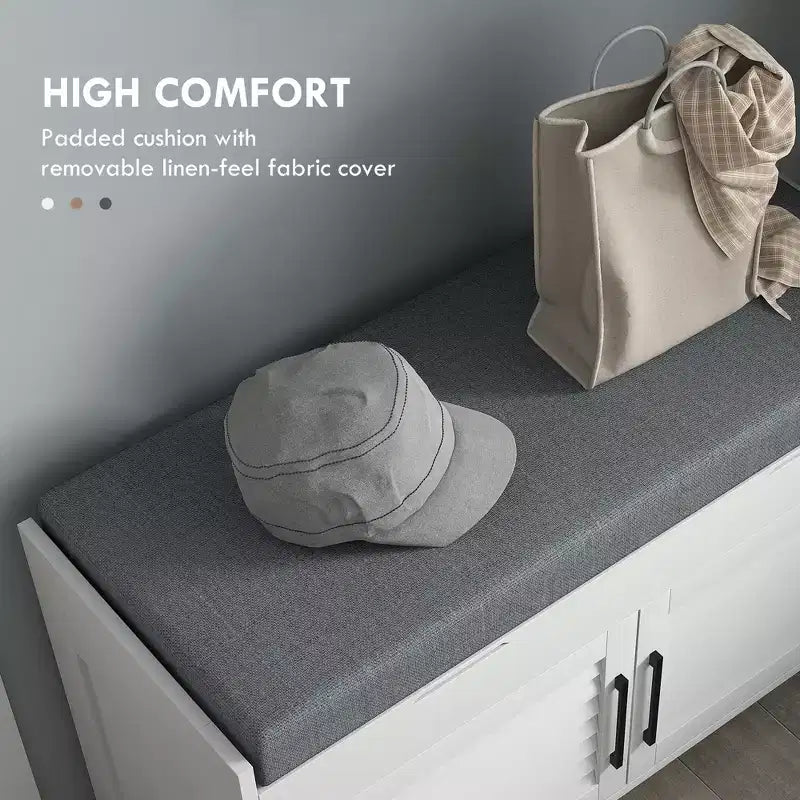 Shoe Storage Bench, Modern Entryway Bench with Cushion, Hidden Compartments, Adjustable Shelves, Shutter Doors