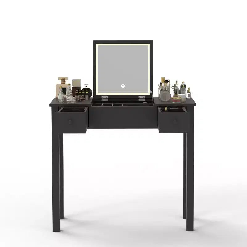 Vanity Desk with Lighted Mirror, Makeup Vanity Table with 2 Drawers, Adjustable Jewelry Storage Compartment