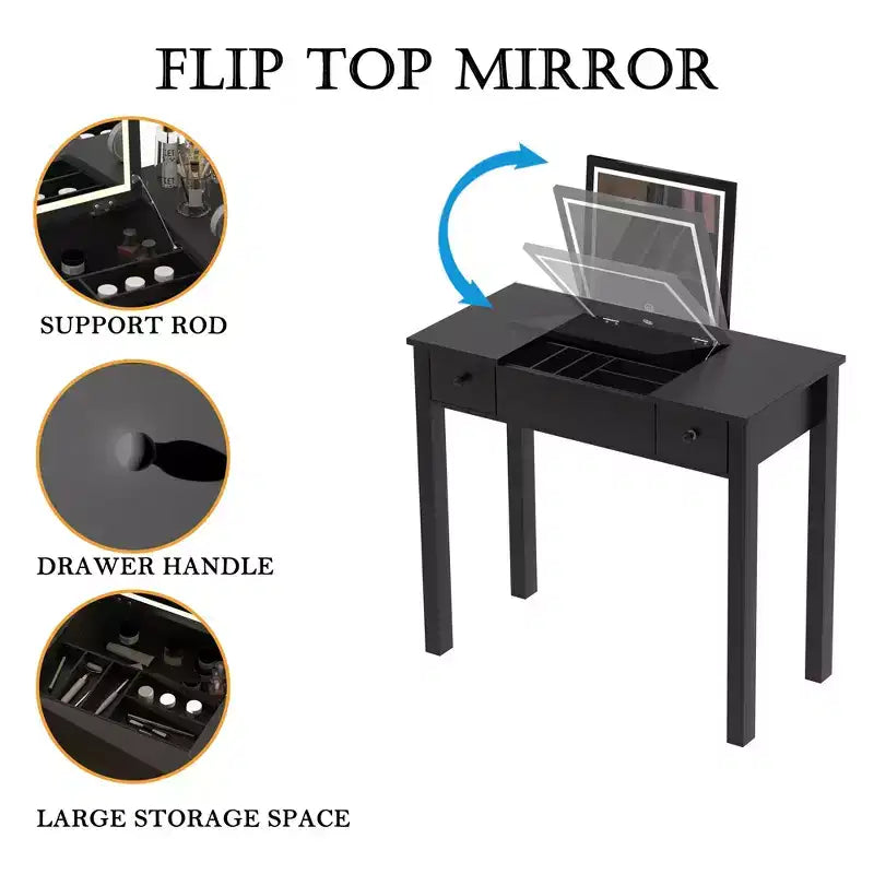 Vanity Desk with Lighted Mirror, Makeup Vanity Table with 2 Drawers, Adjustable Jewelry Storage Compartment