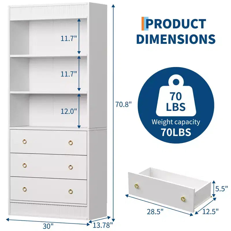 Fluted Bookshelf 70.8 Bookcase