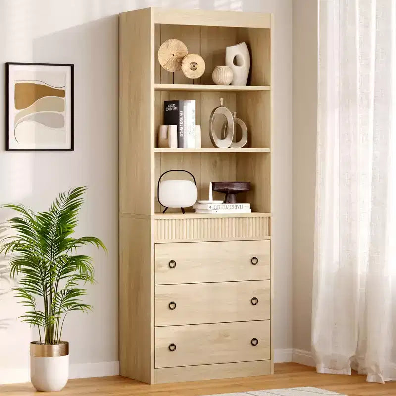 Garvee Fluted Bookshelf 70.8 Bookcase with 3 Drawers, Tall Bookshelf with Waved Design Light Wood 31.5 Wide