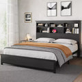 Bed Frame with Bookcase Headboard, Integrated Type-C & USB Charging Station, Under Bed Storage, 700LB Capacity, No Box Spring Needed, Black