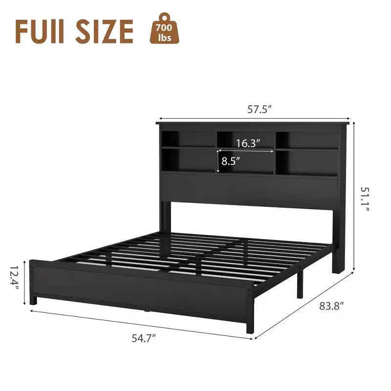 Bed Frame with Bookcase Headboard, Integrated Type-C & USB Charging Station, Under Bed Storage, 700LB Capacity, No Box Spring Needed, Black