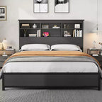 Bed Frame with Bookcase Headboard, Integrated Type-C & USB Charging Station, Under Bed Storage, 700LB Capacity, No Box Spring Needed, Black