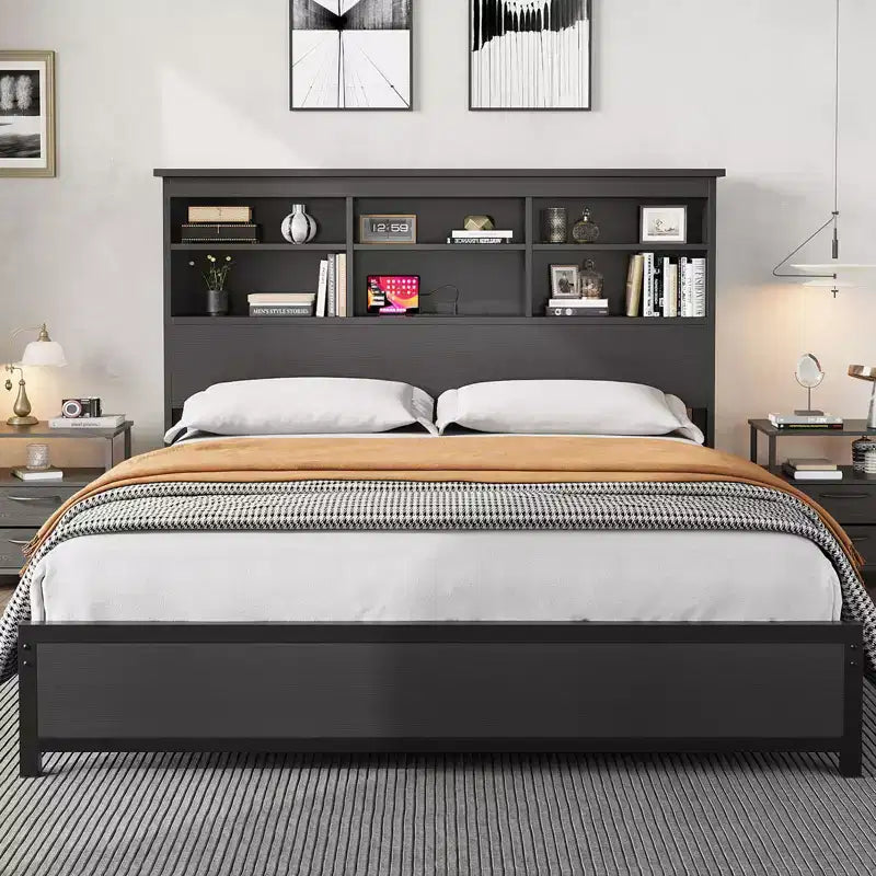 Bed Frame with Bookcase Headboard, Integrated Type-C & USB Charging Station, Under Bed Storage, 700LB Capacity, No Box Spring Needed, Black