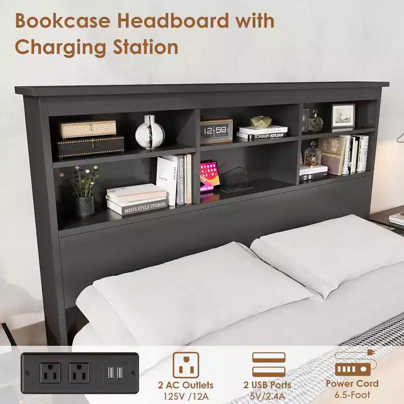 Bed Frame with Bookcase Headboard, Integrated Type-C & USB Charging Station, Under Bed Storage, 700LB Capacity, No Box Spring Needed, Black