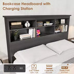 Bed Frame with Bookcase Headboard, Integrated Type-C & USB Charging Station, Under Bed Storage, 700LB Capacity, No Box Spring Needed, Black