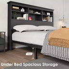 Bed Frame with Bookcase Headboard, Integrated Type-C & USB Charging Station, Under Bed Storage, 700LB Capacity, No Box Spring Needed, Black