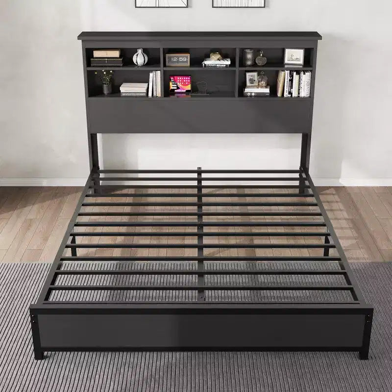 Bed Frame with Bookcase Headboard, Integrated Type-C & USB Charging Station, Under Bed Storage, 700LB Capacity, No Box Spring Needed, Black