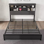 Bed Frame with Bookcase Headboard, Integrated Type-C & USB Charging Station, Under Bed Storage, 700LB Capacity, No Box Spring Needed, Black
