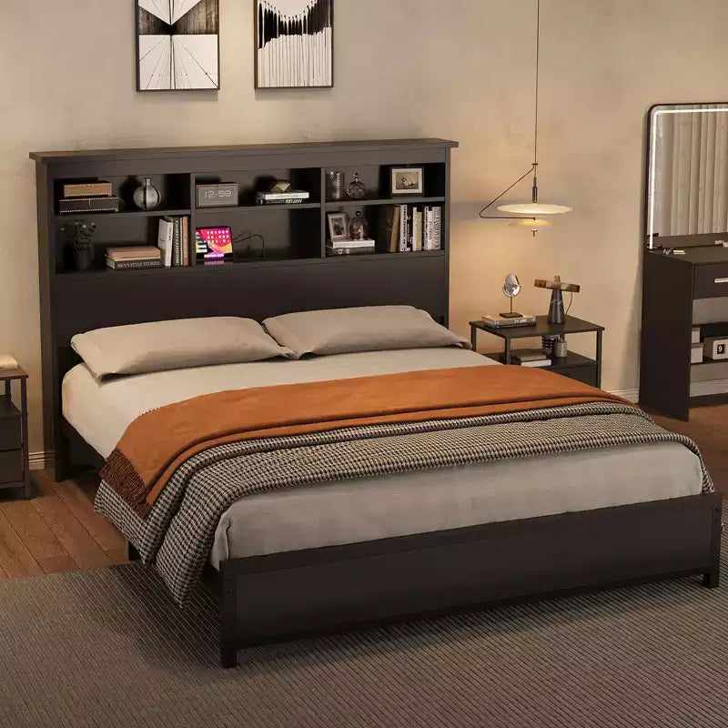 Bed Frame with Bookcase Headboard, Integrated Type-C & USB Charging Station, Under Bed Storage, 700LB Capacity, No Box Spring Needed, Black