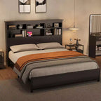 Bed Frame with Bookcase Headboard, Integrated Type-C & USB Charging Station, Under Bed Storage, 700LB Capacity, No Box Spring Needed, Black