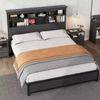 Bed Frame with Bookcase Headboard, Integrated Type-C & USB Charging Station, Under Bed Storage, 700LB Capacity, No Box Spring Needed, Black