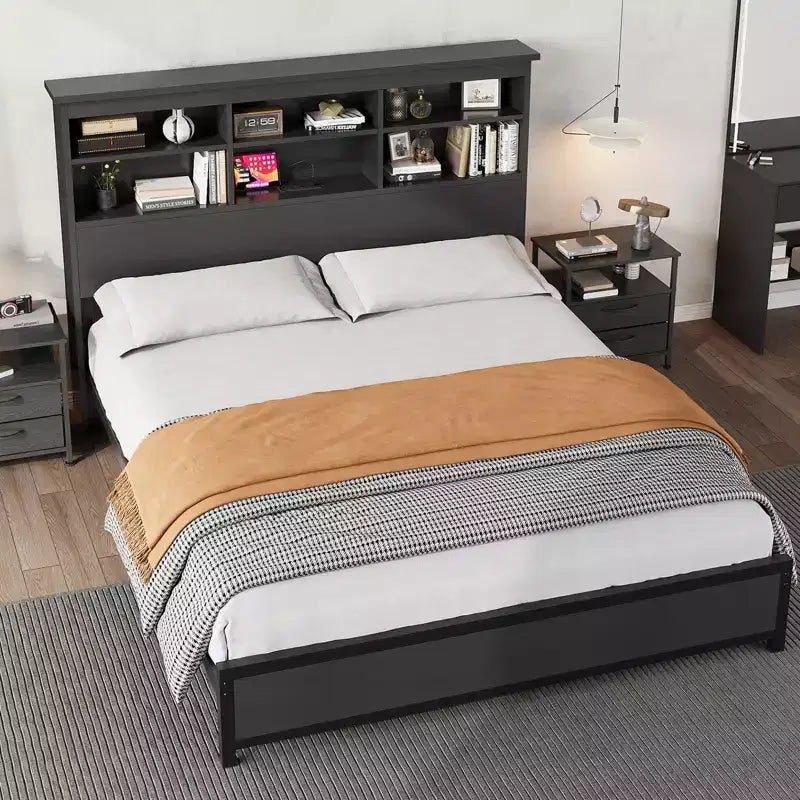 Bed Frame with Bookcase Headboard, Integrated Type-C & USB Charging Station, Under Bed Storage, 700LB Capacity, No Box Spring Needed, Black