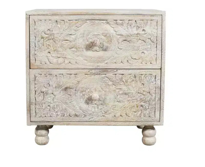 HomeRoots 24 Natural And White Solid Wood Distressed Carved Scrollwork Two Drawer Nightstand