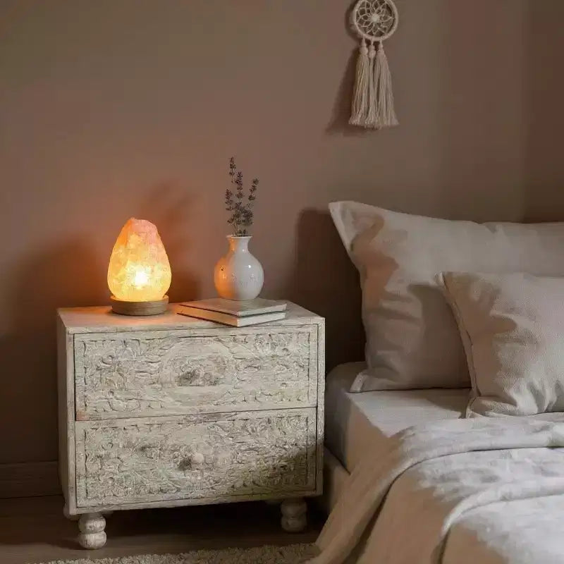 24 Natural And White Solid Wood Distressed Carved Scrollwork Nightstand