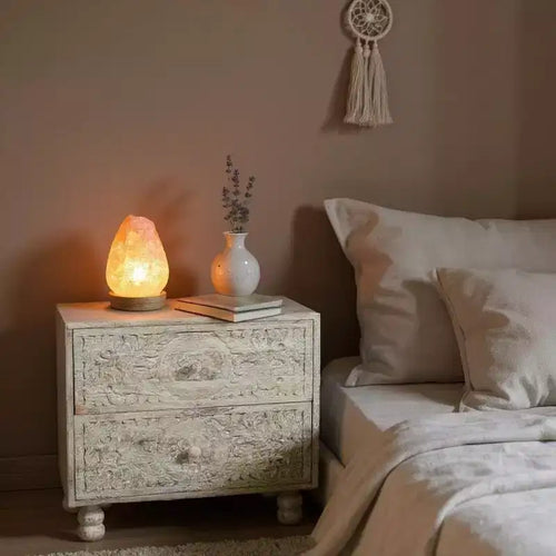 24 Natural And White Solid Wood Distressed Carved Scrollwork Nightstand