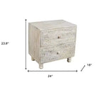 24 Natural And White Solid Wood Distressed Carved Scrollwork Nightstand