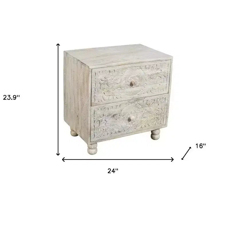 24 Natural And White Solid Wood Distressed Carved Scrollwork Nightstand