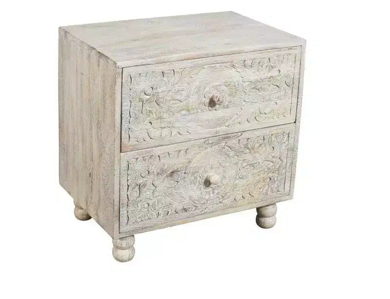 24 Natural And White Solid Wood Distressed Carved Scrollwork Nightstand