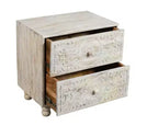 24 Natural And White Solid Wood Distressed Carved Scrollwork Nightstand