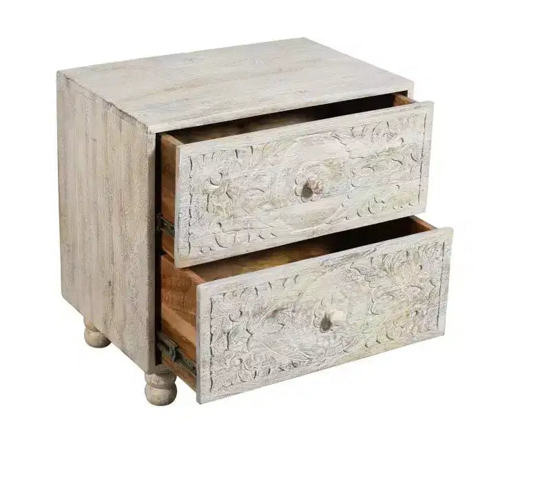 24 Natural And White Solid Wood Distressed Carved Scrollwork Nightstand