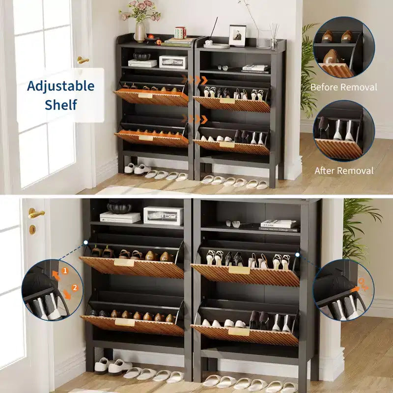 Shoe Cabinet with 2/4 Flip-Top Drawers, Freestanding Hidden Shoe Rack, Slim Recessed Shoe Cabinet for Living Room, Bedroom, Hallway