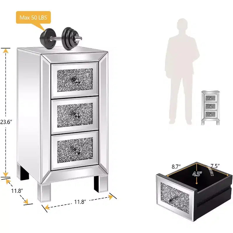 3-Drawer Mirrored Nightstand