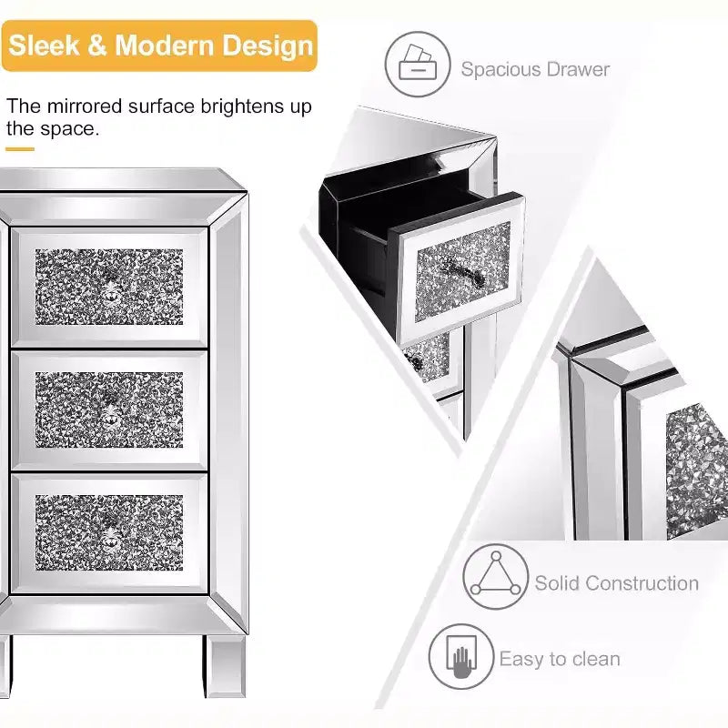 3-Drawer Mirrored Nightstand