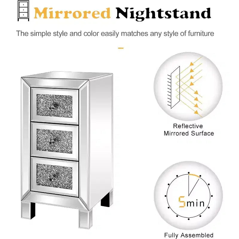 3-Drawer Mirrored Nightstand