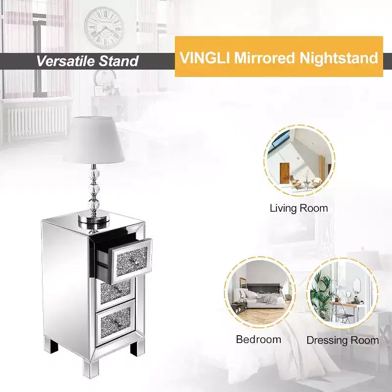 3-Drawer Mirrored Nightstand