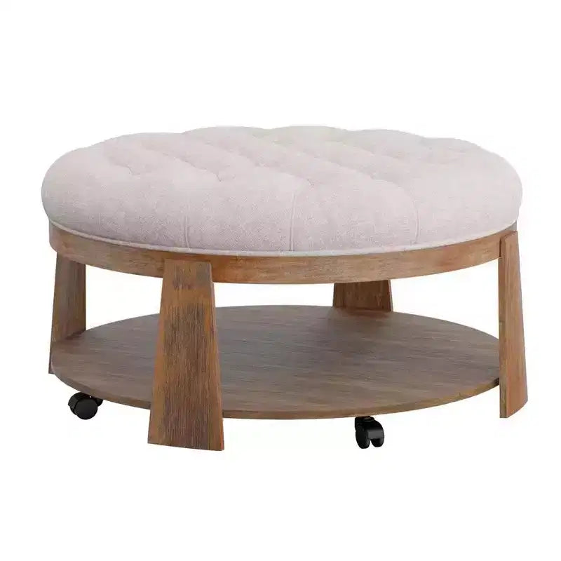 41 Inch Ottoman Coffee Table, Button Tufted Beige Fabric, Brown Wood