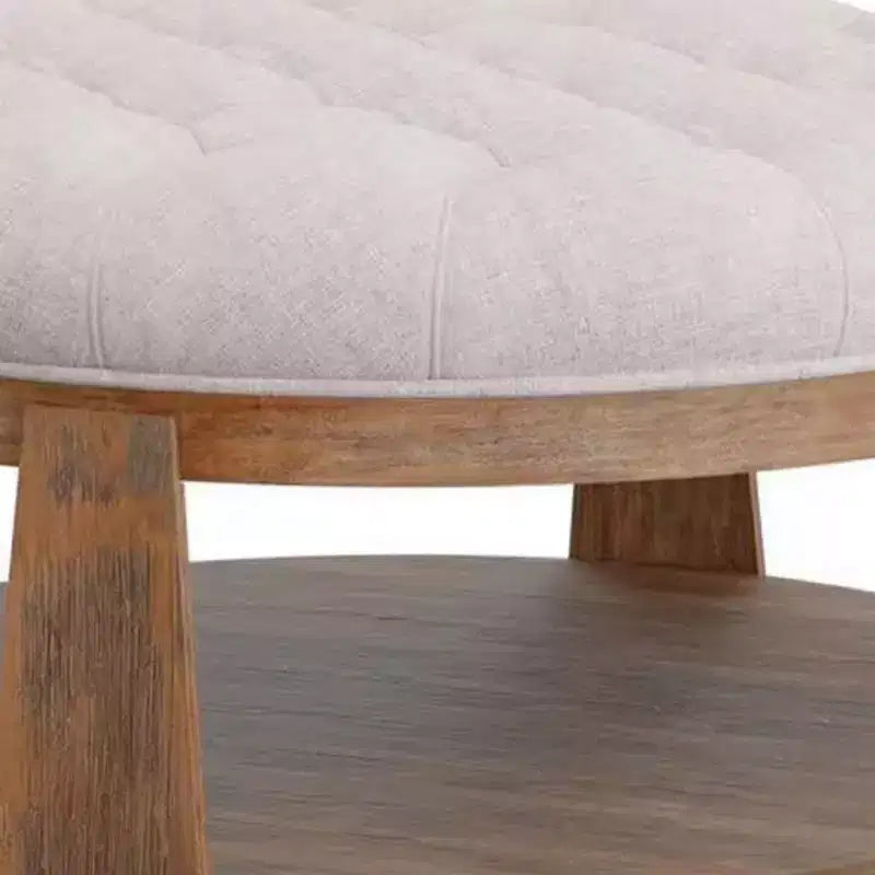 41 Inch Ottoman Coffee Table, Button Tufted Beige Fabric, Brown Wood