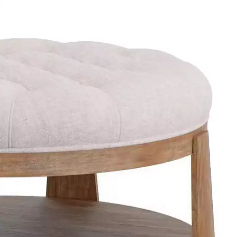 41 Inch Ottoman Coffee Table, Button Tufted Beige Fabric, Brown Wood