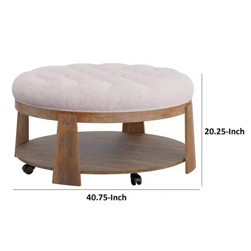 41 Inch Ottoman Coffee Table, Button Tufted Beige Fabric, Brown Wood