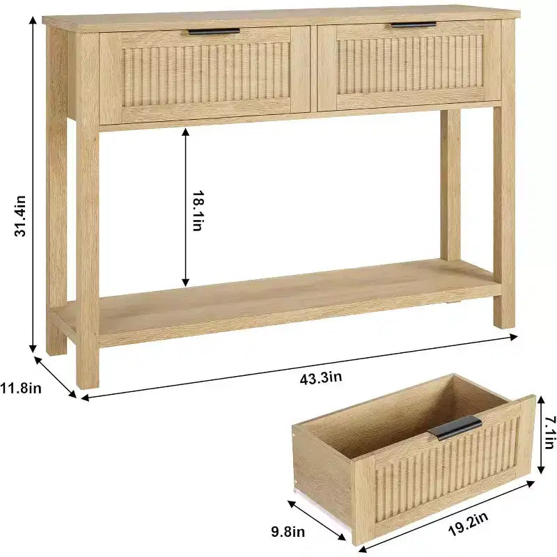43.3'' Console Table with 2 Drawer, Farmhouse Rustic Skinny Entryway Table, Modern Wood Metal Hallway Sofa Table with Shelf, Narrow Couch Entry Table