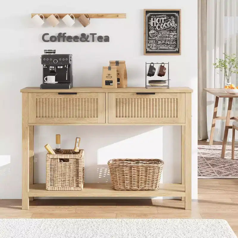 43.3'' Console Table with 2 Drawer, Farmhouse Rustic Skinny Entryway Table, Modern Wood Metal Hallway Sofa Table with Shelf, Narrow Couch Entry Table