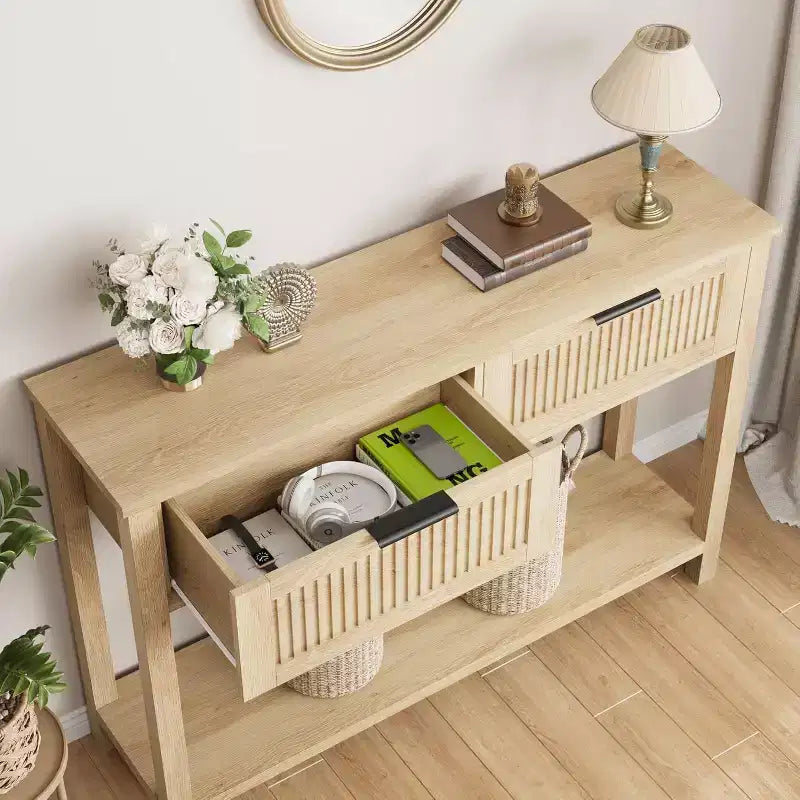 43.3'' Console Table with 2 Drawer, Farmhouse Rustic Skinny Entryway Table, Modern Wood Metal Hallway Sofa Table with Shelf, Narrow Couch Entry Table