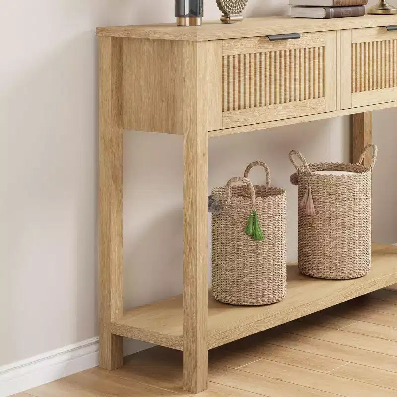 43.3'' Console Table with 2 Drawer, Farmhouse Rustic Skinny Entryway Table, Modern Wood Metal Hallway Sofa Table with Shelf, Narrow Couch Entry Table