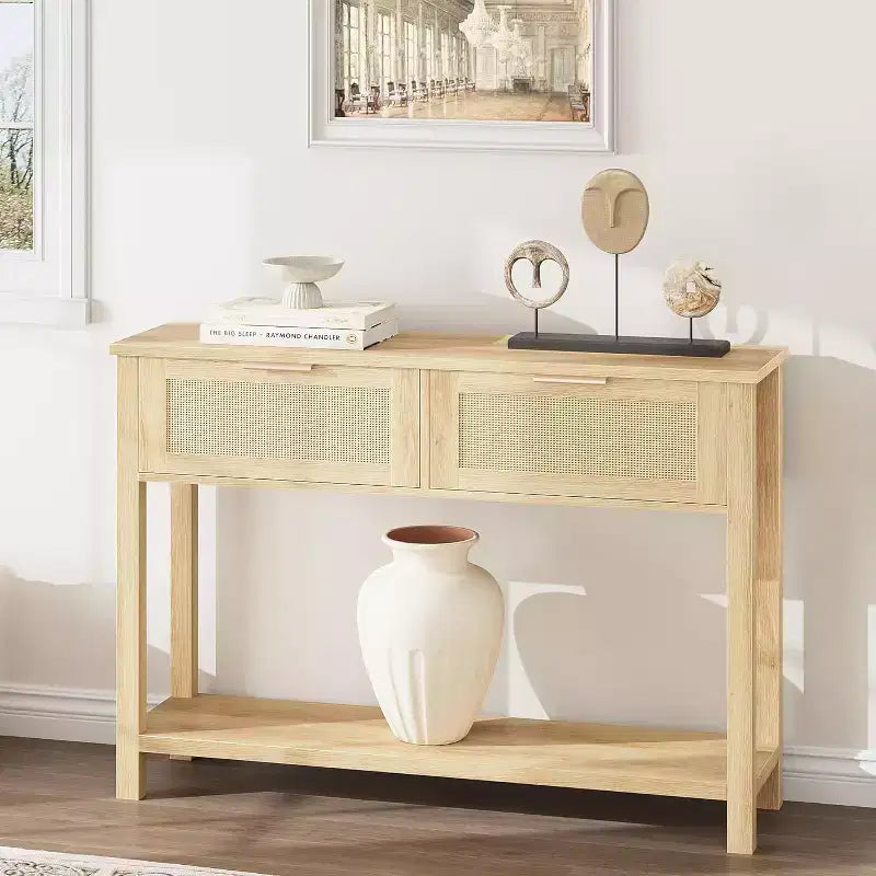 43'' Rattan Console Sofa Table, 2 Drawer Entryway Table with Synthetic Rattan Surface, Open Shelf, Behind Couch Entry Foyer Hallway Storage