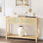 43'' Rattan Console Sofa Table, 2 Drawer Entryway Table with Synthetic Rattan Surface, Open Shelf, Behind Couch Entry Foyer Hallway Storage