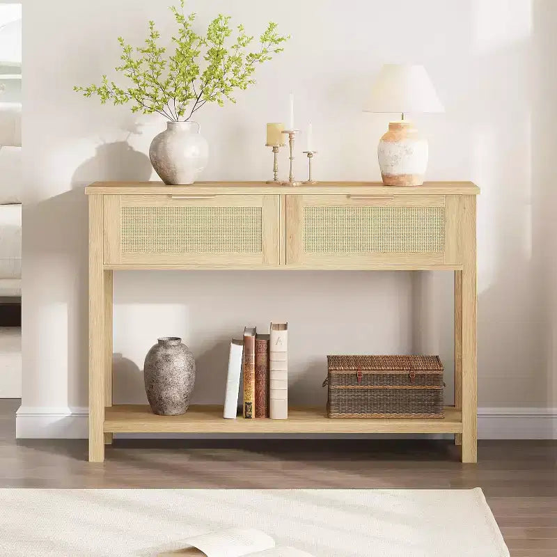 43'' Rattan Console Sofa Table, 2 Drawer Entryway Table with Synthetic Rattan Surface, Open Shelf, Behind Couch Entry Foyer Hallway Storage
