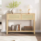 43'' Rattan Console Sofa Table, 2 Drawer Entryway Table with Synthetic Rattan Surface, Open Shelf, Behind Couch Entry Foyer Hallway Storage