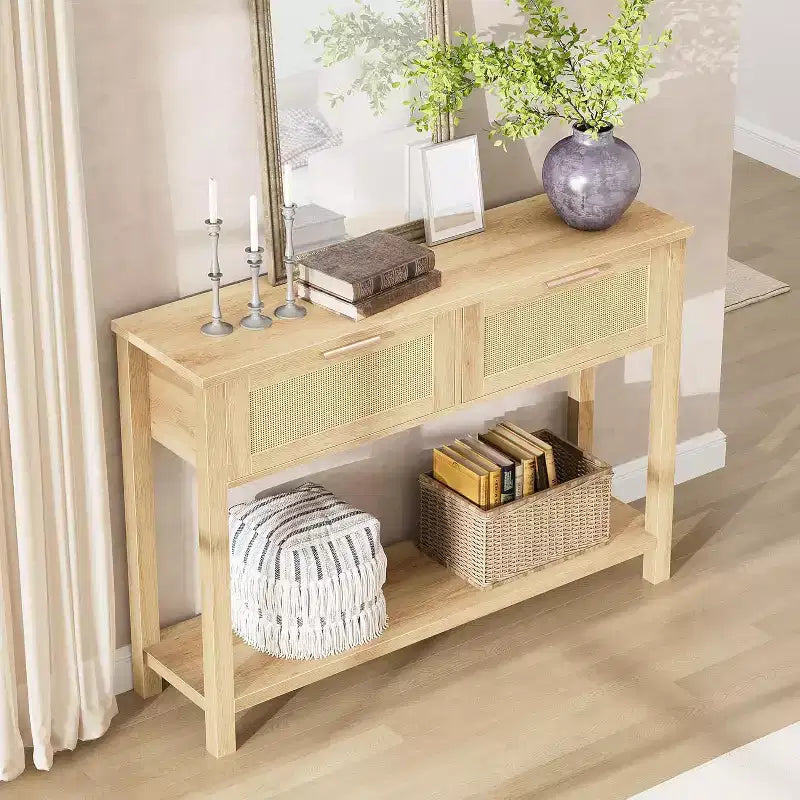 43'' Rattan Console Sofa Table, 2 Drawer Entryway Table with Synthetic Rattan Surface, Open Shelf, Behind Couch Entry Foyer Hallway Storage