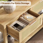43'' Rattan Console Sofa Table, 2 Drawer Entryway Table with Synthetic Rattan Surface, Open Shelf, Behind Couch Entry Foyer Hallway Storage